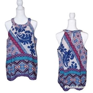 Monteau Flowy Red, Blue and Tan High Neck Sleeveless Top Size M. NWT